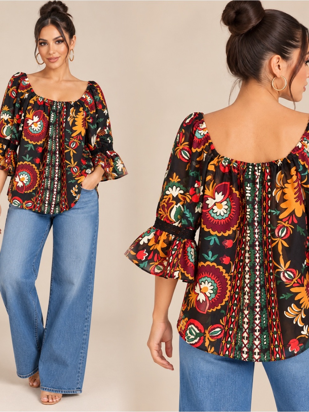 Black Floral Boho Peasant Blouse with Ruffle Sleeves
